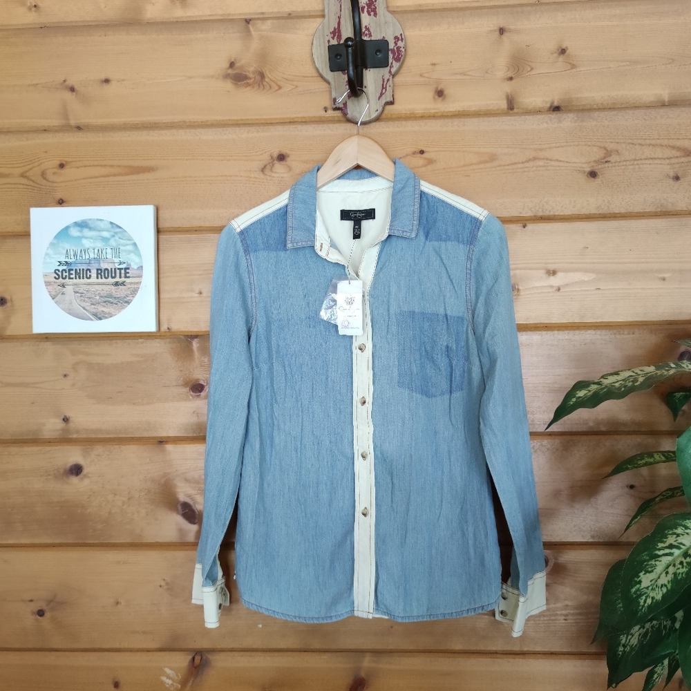 NEW Jessica‎ Simpson Morning Glory Patchwork Western Chambray Button Down Medium